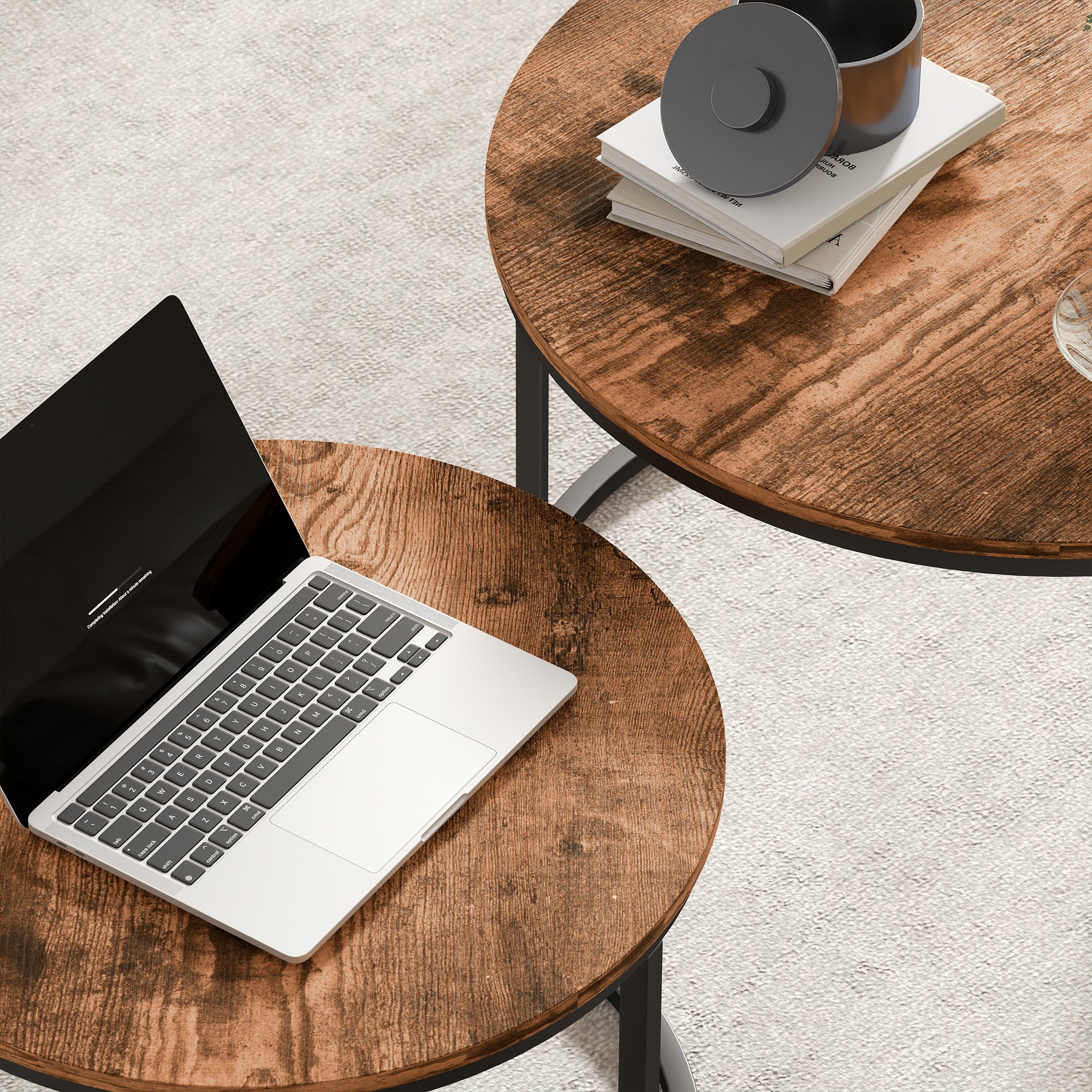 HOMCOM Coffee Table Set of 2, Round Nest of Tables with Metal Frame, Modern Side Tables for Living Room, Rustic Brown 