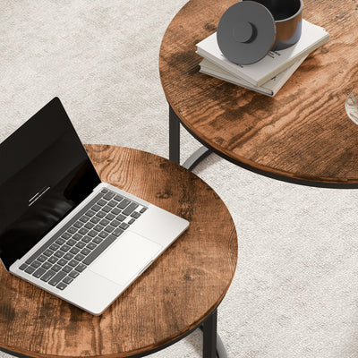 HOMCOM Coffee Table Set of 2, Round Nest of Tables with Metal Frame, Modern Side Tables for Living Room, Rustic Brown 