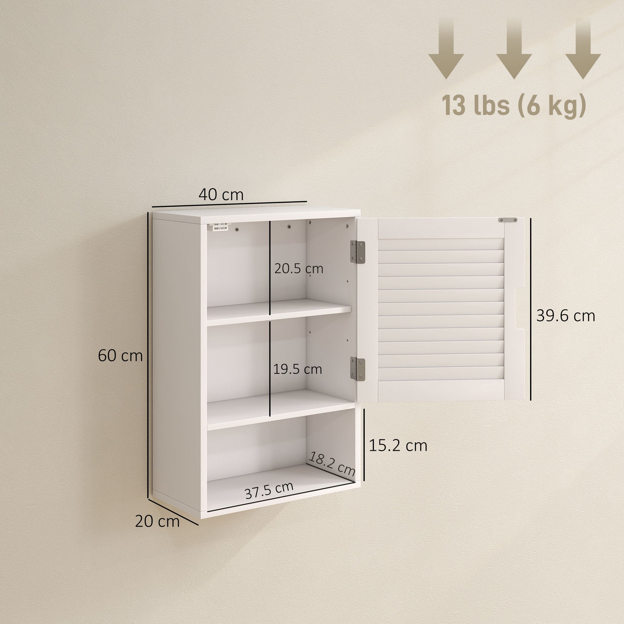HOMCOM Bathroom Cabinet, Wall Mounted Storage Cabinet with Adjustable Shelves, 40 x 20 x 60 cm, White 
