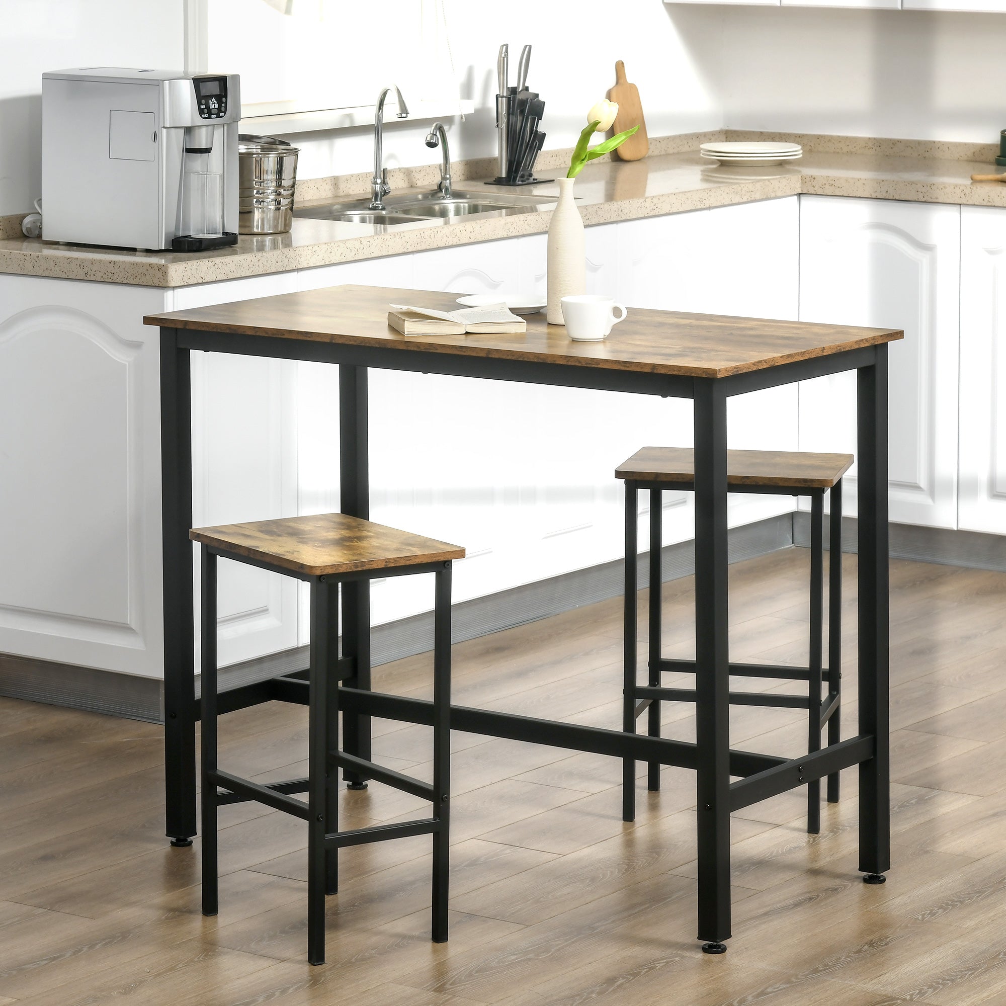 HOMCOM Industrial Bar Stools, Set of 2 Kitchen Breakfast Bar Chairs with Footrest, Counter Height Island Stools for Dining Area, Home Pub, Rustic Brown 