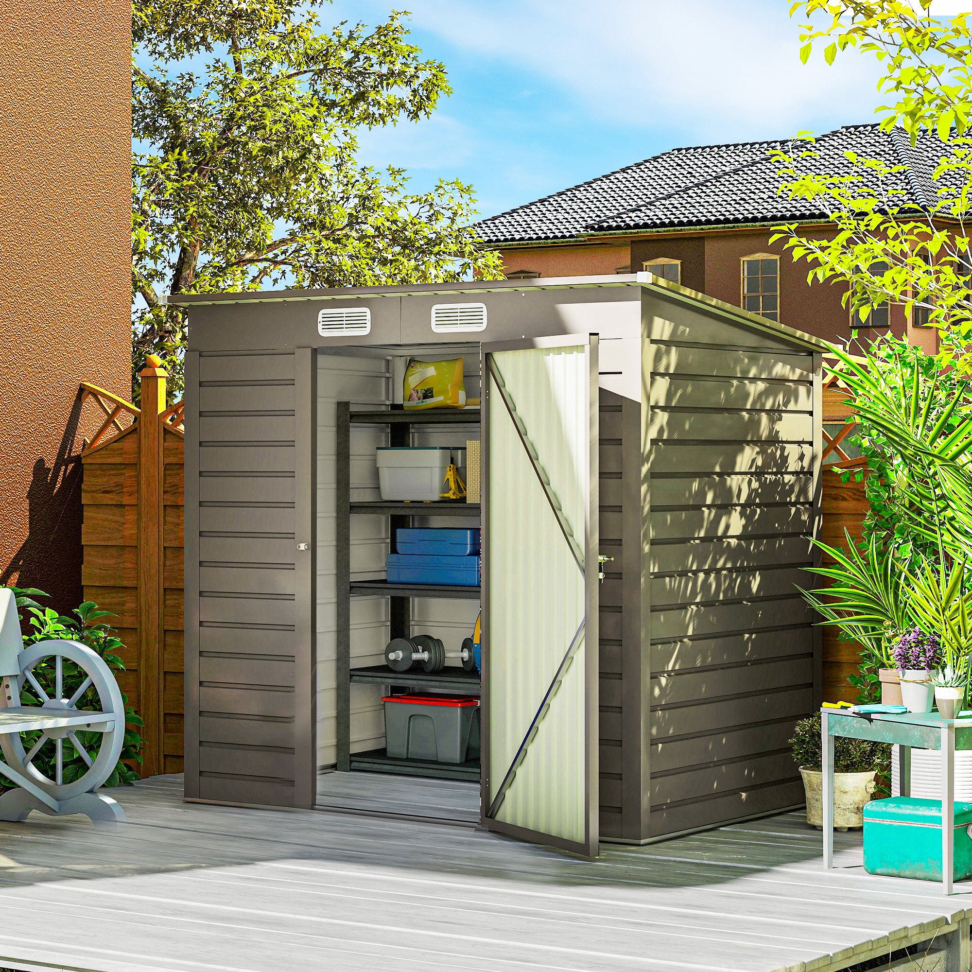 Outsunny 4 x 6ft Galvanised Metal Garden Shed, with Locking Door - Grey 