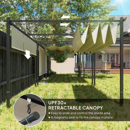 Outsunny 3 x 4m Metal Pergola with Retractable Roof and Roller Shade, Wall-Mounted or Free Standing Garden Gazebo Canopy Pergola Kit, UPF30+ Outdoor Sun Shade Shelter, Beige 