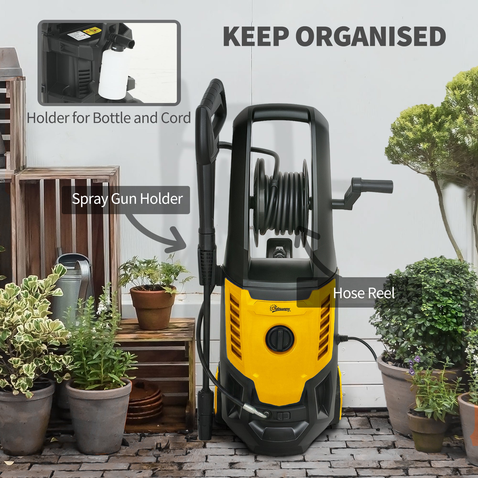Outsunny 2200W High Pressure Washer, 170 Bar Pressure Washer with Adjustable Nozzle and 6M Hose, 33 x 31.5 x 80.5 cm, Yellow 