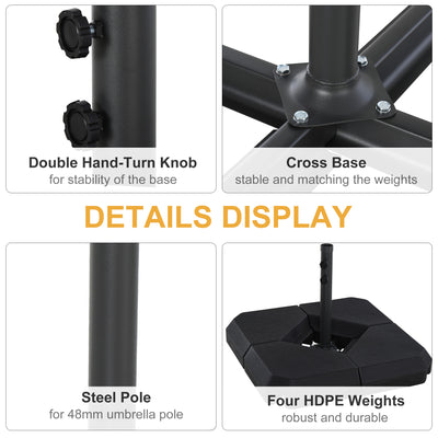 Outsunny 4PCs Fillable Parasol Base Weights with Steel Cross Base Garden Umbrella Stand 60L Water or 72kg Sand Filled Weights Plastic Black 