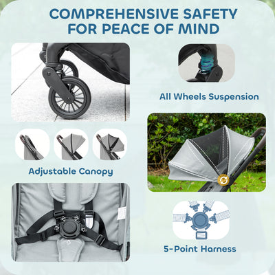 AIYAPLAY Foldable Baby Stroller with Adjustable Seat, 5-Point Harness, Canopy, Basket, 6.3kg Lightweight & Compact, Light Grey 