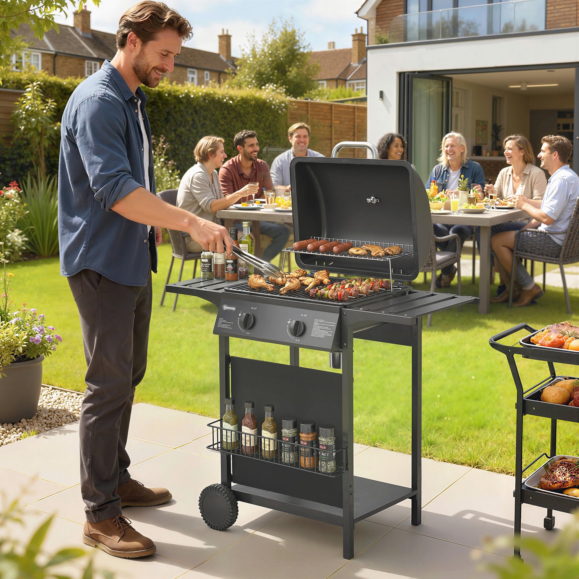 Outsunny Gas Burner Barbecue Grill, 2 Burner Gas Grill with Side Tables, Warming Rack, Shelf, Thermometer, Grease Tray, Black 