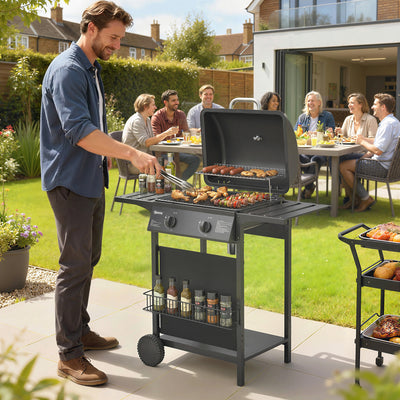 Outsunny Gas Burner Barbecue Grill, 2 Burner Gas Grill with Side Tables, Warming Rack, Shelf, Thermometer, Grease Tray, Black 