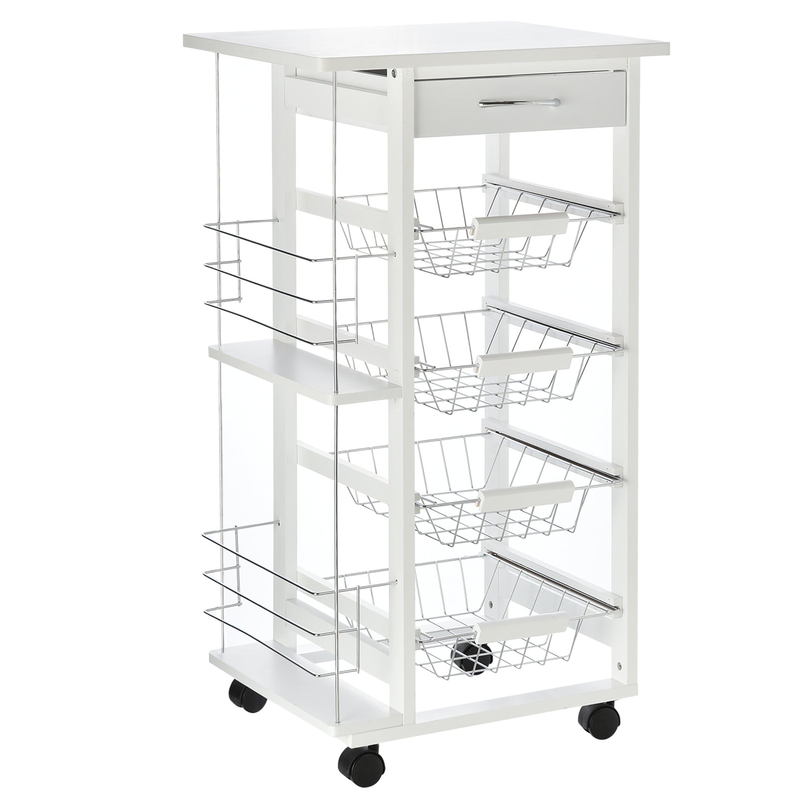 HOMCOM Rolling Kitchen Cart, Utility Storage Cart with 4 Basket Drawers & Side Racks, Wheels for Dining Room, White 