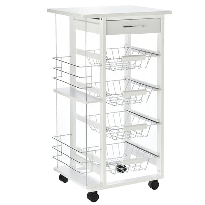 HOMCOM Rolling Kitchen Cart, Utility Storage Cart with 4 Basket Drawers & Side Racks, Wheels for Dining Room, White 