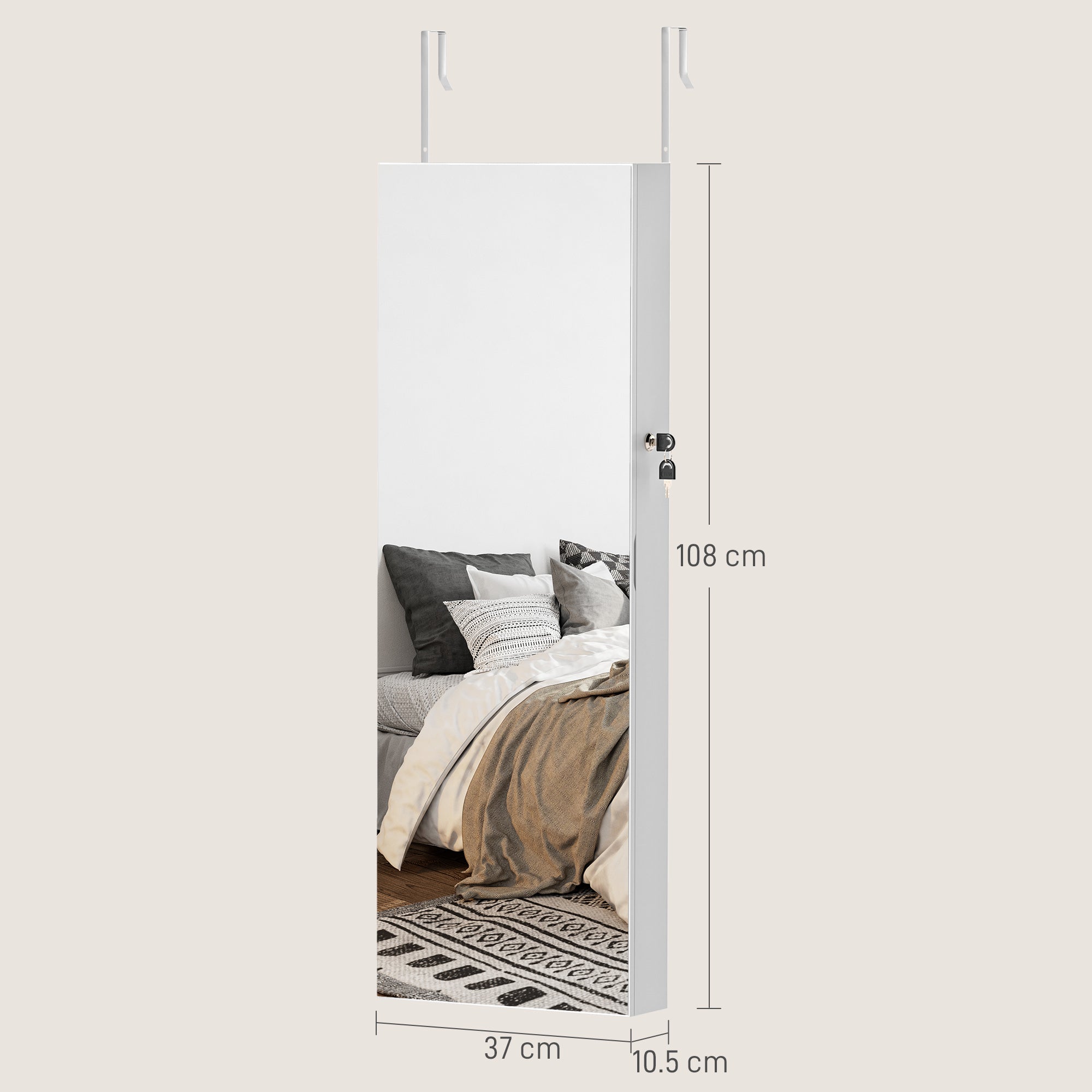 HOMCOM 108 x 37cm Lockable Jewellery Cabinet, with LED Lights - White Surface and Black Lining 