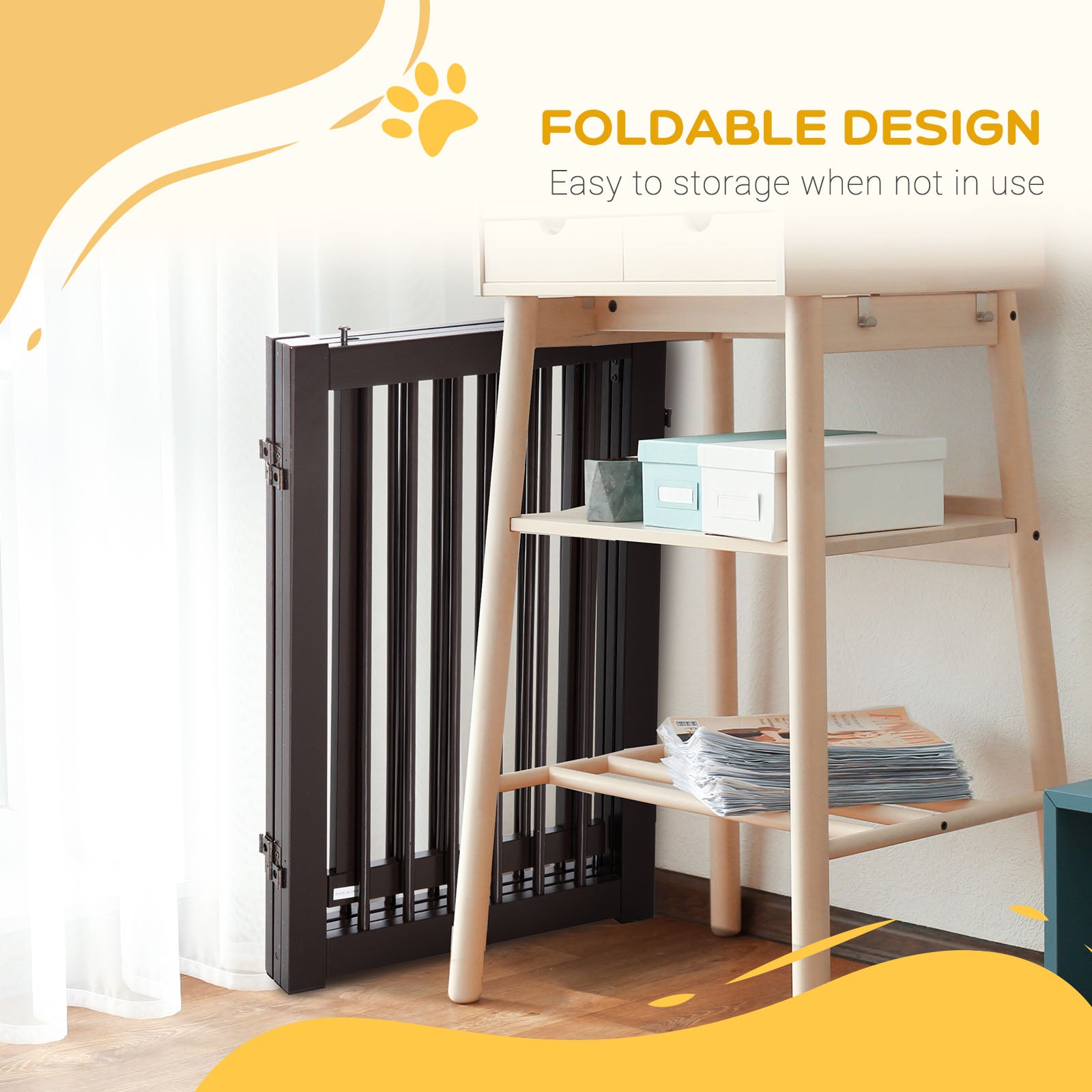 PawHut Freestanding Dog Gate, Foldable Pet Fence, Indoor Barrier, Stair Gate with Support Feet, 155 x 76 cm, Brown 