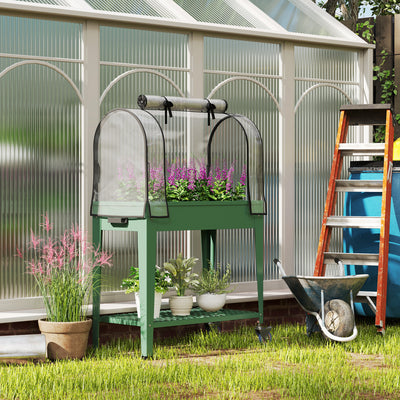 Outsunny Raised Planter with Greenhouse Cover, Mobile Elevated Garden Bed with Wheels and Bottom Shelf for Vegetables, Green 