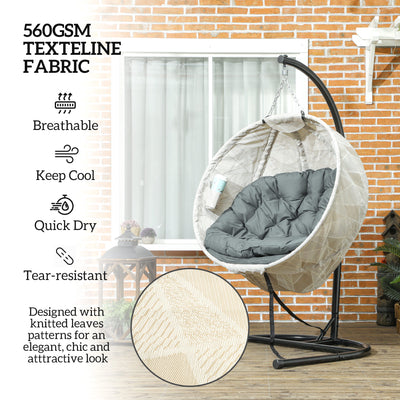 Outsunny Hanging Egg Chair Outdoor Indoor Garden Swing Chair with Folding Basket, Garden Hanging Chair with Stand, Thickened Cushion, Cup Holder for Patio, Balcony, Grey 