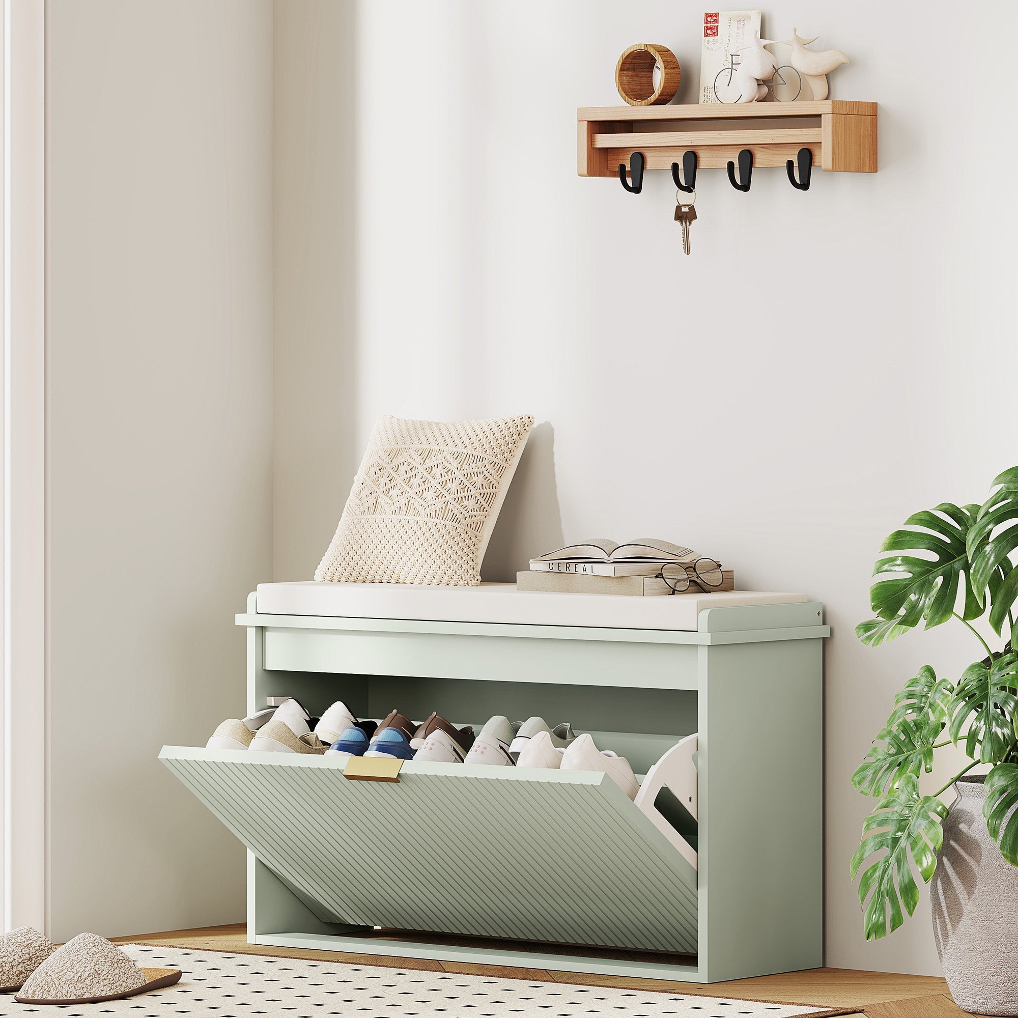 HOMCOM Elegant Eight Shoe Bench, with Top Seat - Green 
