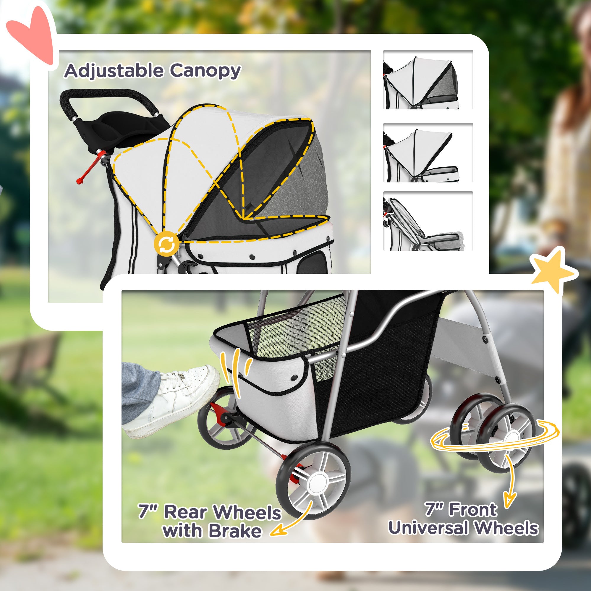 PawHut Dog Pram, Pet Stroller with Reflective Strips, Foldable Cat Stroller with 360° Swivel Wheels, Grey 