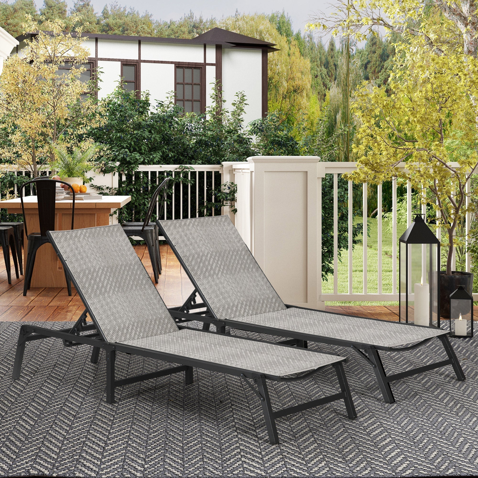 Outsunny Foldable Outdoor PE Rattan Sun Lounger Set of 2, Patio Wicker Recliners Lounge Chair w/ 5-Level Adjustable Backrest, for Poolside, Garden, Mixed Grey 