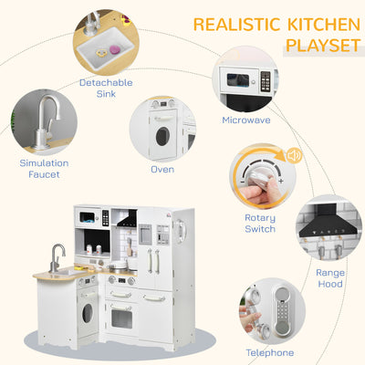 HOMCOM Kids Kitchen Playset, Large Pretend Role Play Kitchen, White 