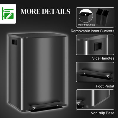 HOMCOM 60L Dual Compartment Stainless Steel Bin, with Deodoriser Holders - Black 