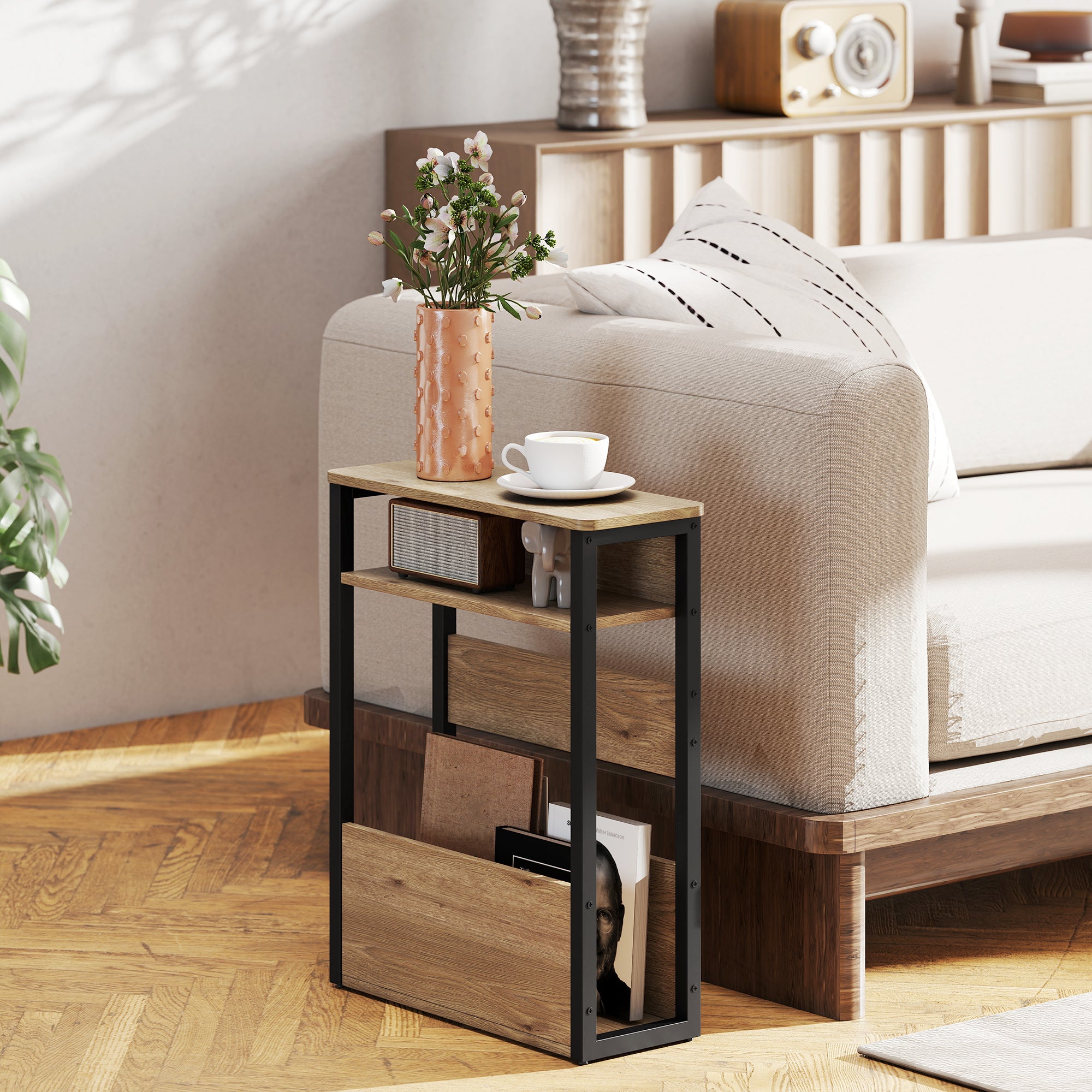 HOMCOM Industrial-Style Side Table - Black/Walnut Brown 