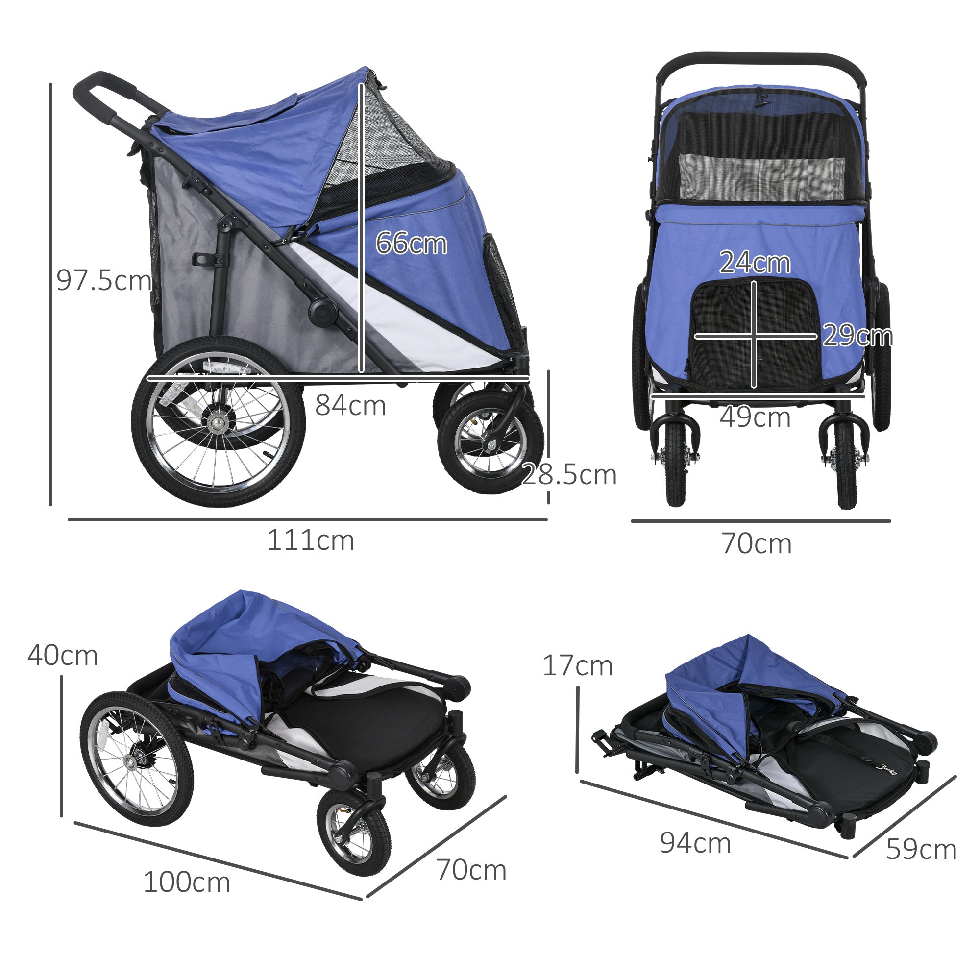 PawHut Foldable Pet Stroller, with Washable Cushion, Storage Bags, Safety Leash, for Medium, Large Dogs, Cats - Blue 