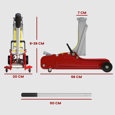 HOMCOM Low Profile Jack, Hydraulic Racing Floor Jack, 8-38cm Lifting Range, 2.5 Ton Capacity, Red 