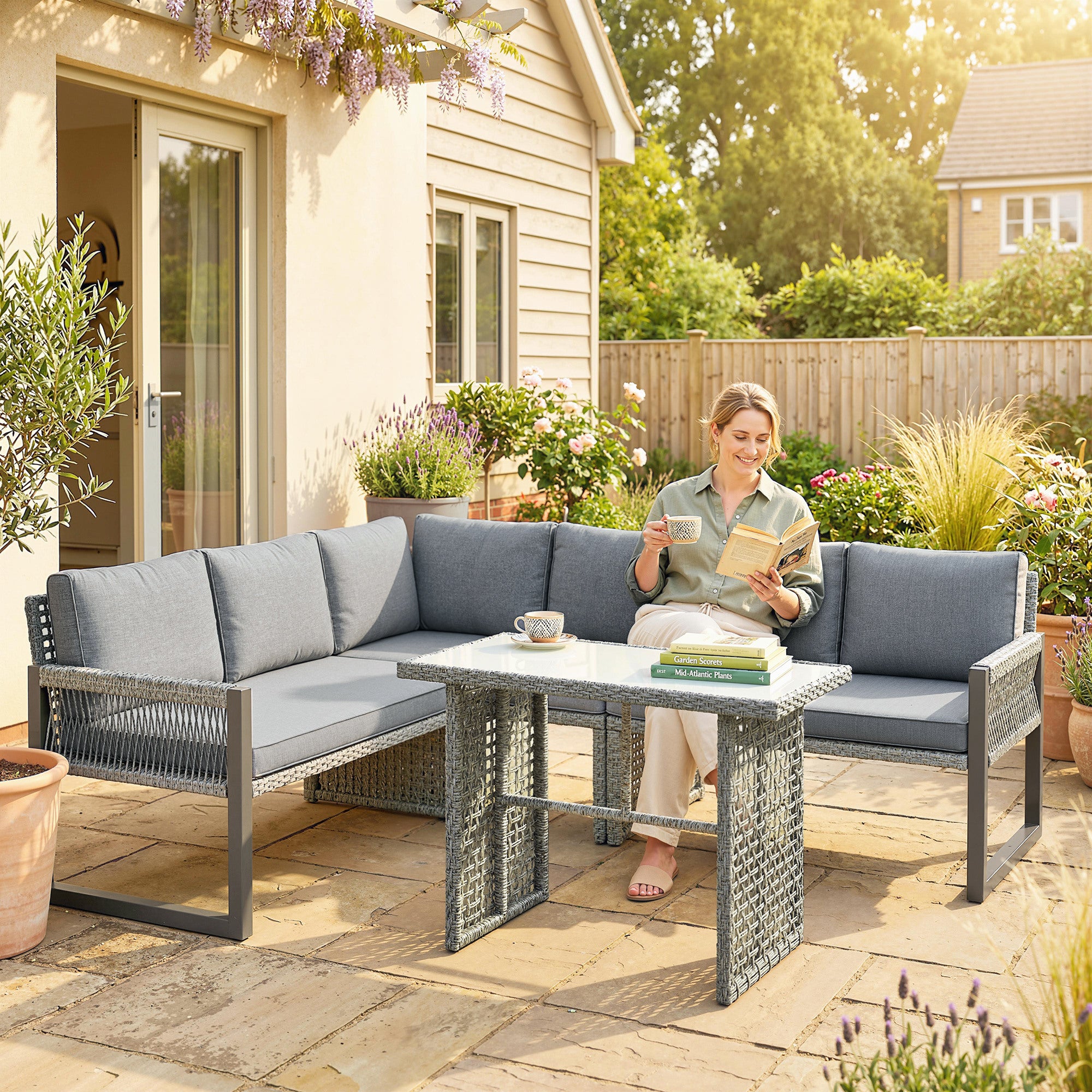Outsunny 6 Seater Rattan Garden Furniture Set with 3 Loveseats, Table, Patio Rattan Furniture Corner Sofa Set, Grey 