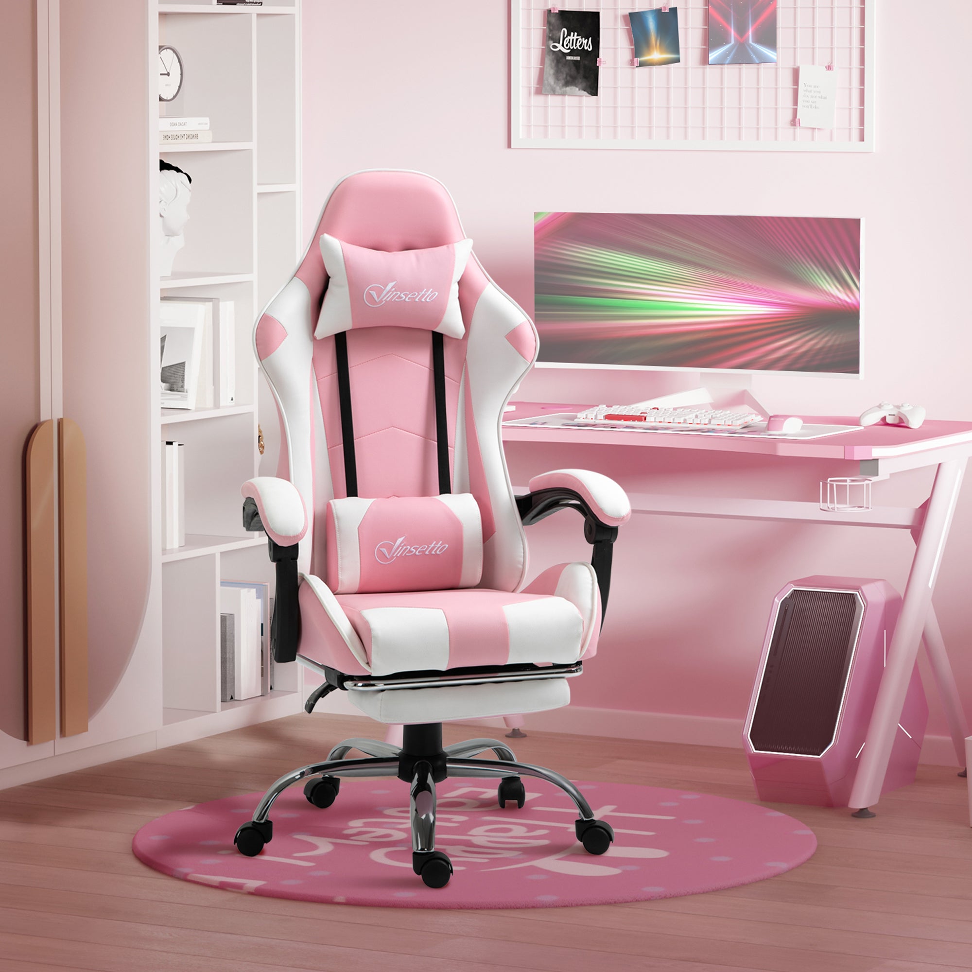 Vinsetto Pink Computer Gaming Chair, Desk Chair with 135\'c2\'b0 Reclining Back and Retractable Footrest, Adjustable PU Leather Lumbar Support and Headrest, Steel Base for Adults, Girls