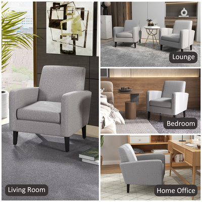HOMCOM 2 Pieces Modern Armchairs with Rubber Wood Legs, Upholstered Accent Chairs, Single Sofa for Living Room, Bedroom, Light Grey 