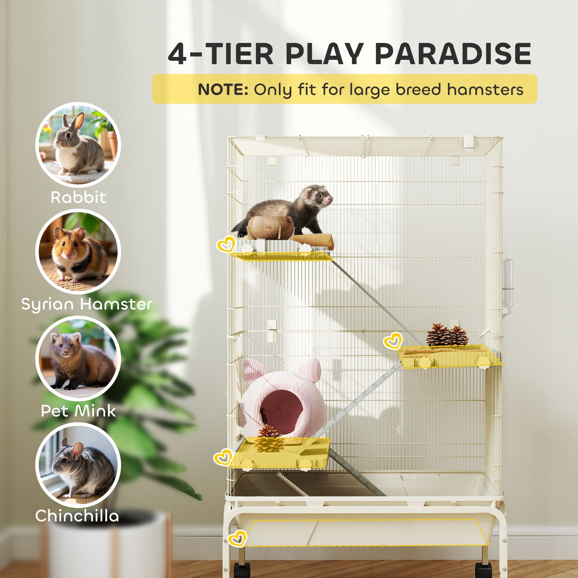 PawHut 4 Levels Rolling Small Animal Cage, Rabbit Cage with 3 Ramps, Water Bottle, Food Dish, 15cm Deep Tray, Beige 