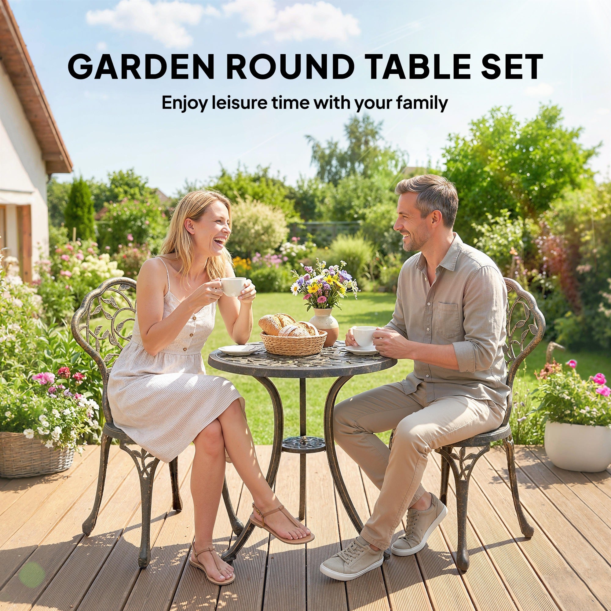 Outsunny 3 Pcs Aluminium Bistro Set Garden Furniture Dining Table Chairs Outdoor Seat Patio Seater Brown 