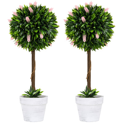HOMCOM Set of 2 Decorative Artificial Plants Ball Trees with Flower for Home Indoor Outdoor Decor, 60cm ,Pink 