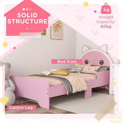 ZONEKIZ Bed for Kids Cat Design Toddler Bed Frame Bedroom Furniture with Guardrails, for 3-6 Years, 143L x 74W x 72Hcm - Pink 