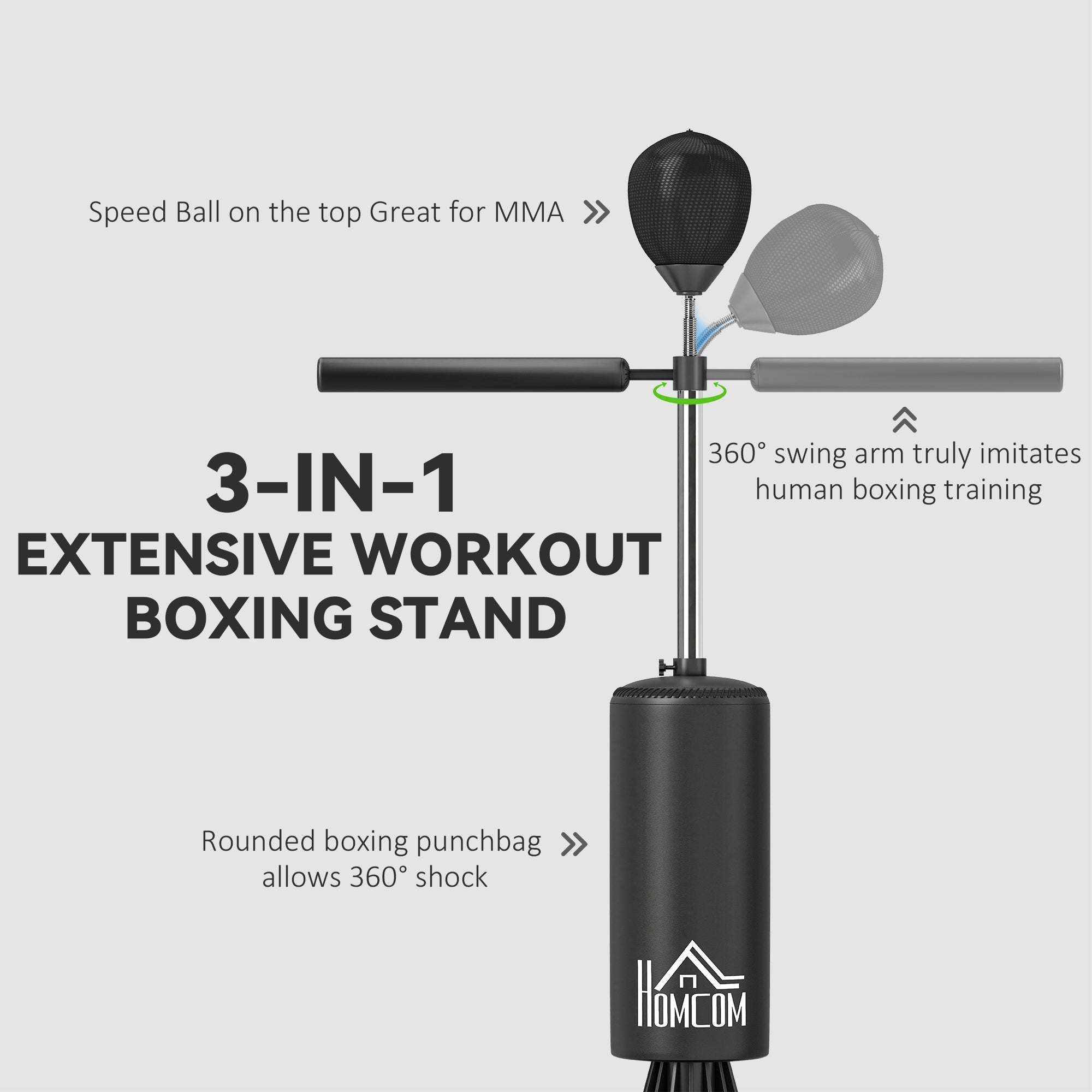 HOMCOM 155-205cm 3-IN-1 Freestanding Boxing Punching Bag Stand, Boxing Speed Trainer with Rotating Flexible Arm, Speed Ball, Fillable Base, Black 