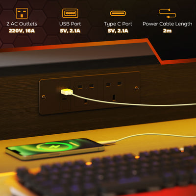 HOMCOM Gaming Desk with LED Lights and Power Outlets, 100 x 60cm Z Shaped Computer Desk with Monitor Stand and Steel Frame, PC Gaming Table for Home Office, Black 