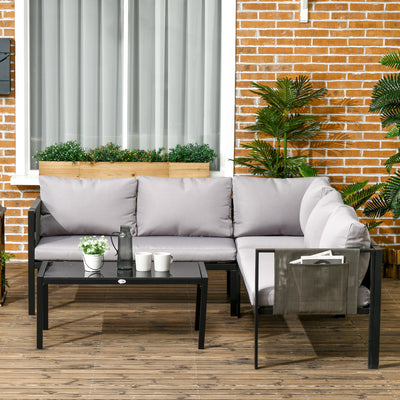 Outsunny 4 Piece Metal Garden Furniture Set with Tempered Glass Coffee Table, Breathable Mesh Pocket, Outdoor Conversational Corner Sofa Loveseat with Padded Cushions, Light Grey 