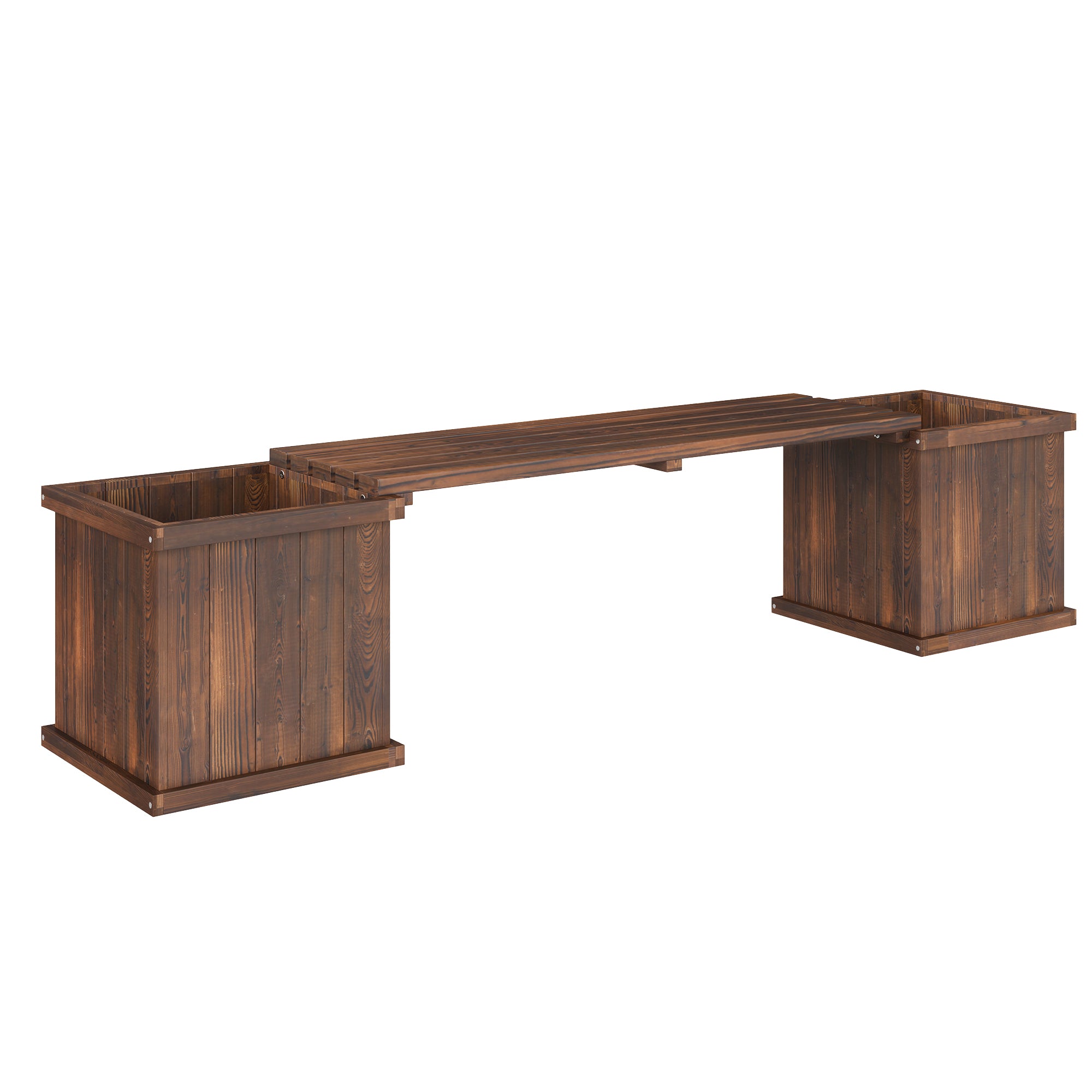 Outsunny Wooden Garden Planter & Bench Combination Garden Raised Bed Patio Park Carbonised Finish 176 x 38 x 40 cm 