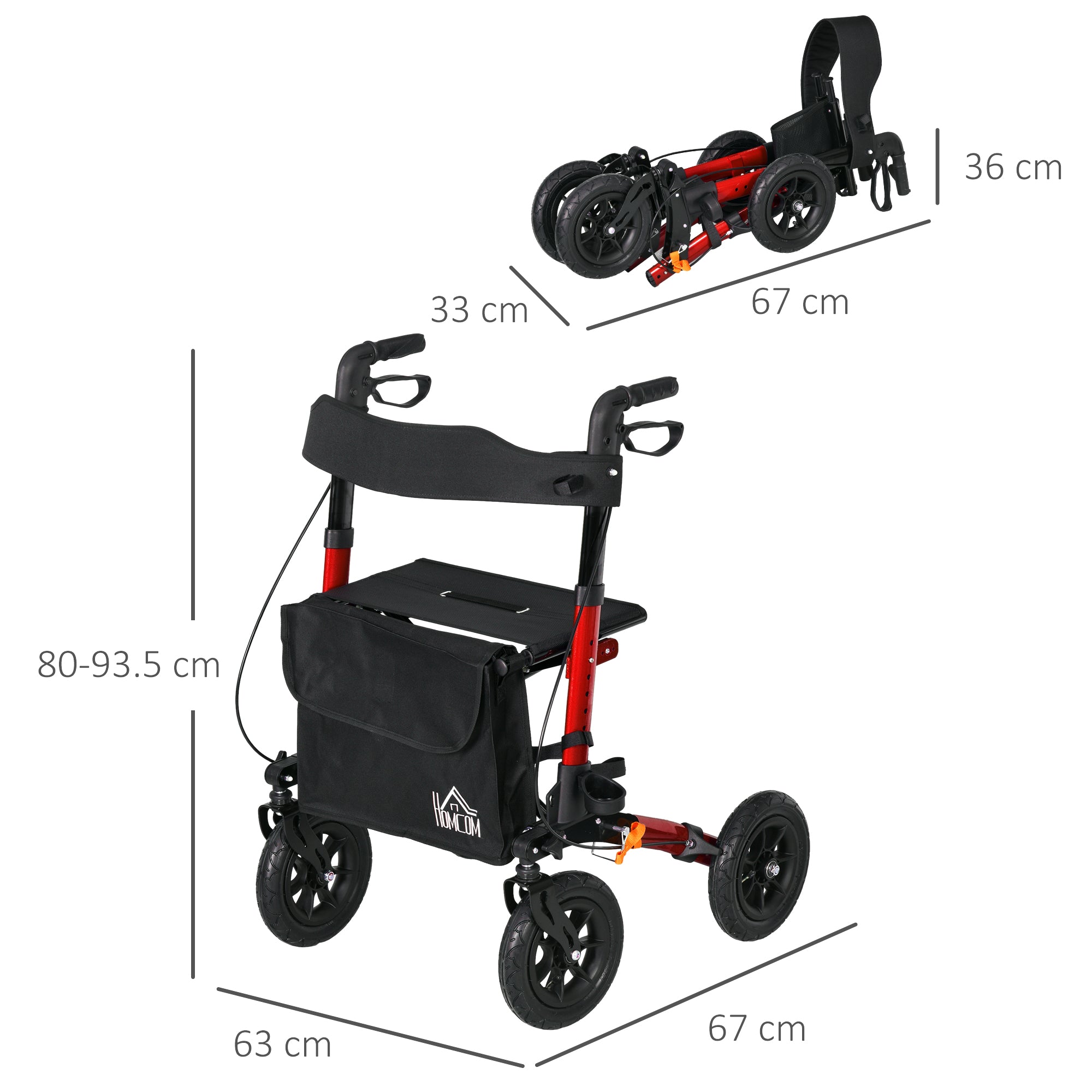 HOMCOM Lightweight Walking Frame, Rubber Wheels, Rollator Walker with Seat and Wheels with Adjustable Handle, Bag, Red 