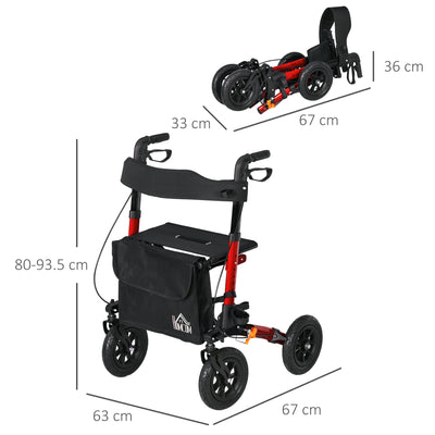 HOMCOM Lightweight Walking Frame, Rubber Wheels, Rollator Walker with Seat and Wheels with Adjustable Handle, Bag, Red 