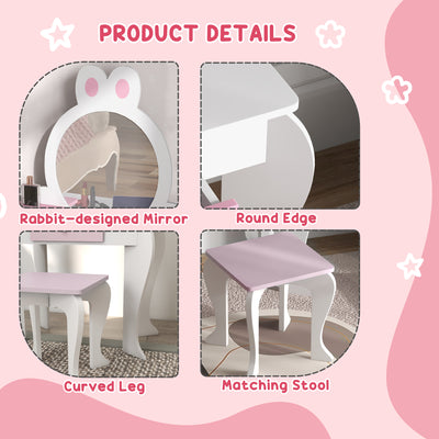 ZONEKIZ Bunny-Design Kids Dressing Table, with Mirror and Stool - White and Pink 
