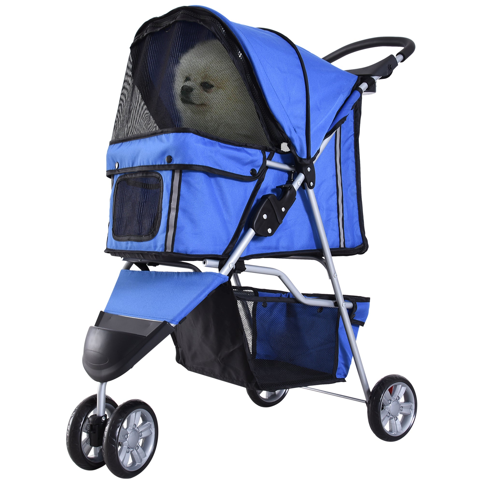 PawHut Dog Stroller, 3 Wheels Foldable Cat Dog Pram with Cup Holder, Storage Basket, Pet Stroller for Small Miniature Dogs, Blue 
