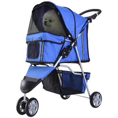 PawHut Dog Stroller, 3 Wheels Foldable Cat Dog Pram with Cup Holder, Storage Basket, Pet Stroller for Small Miniature Dogs, Blue 