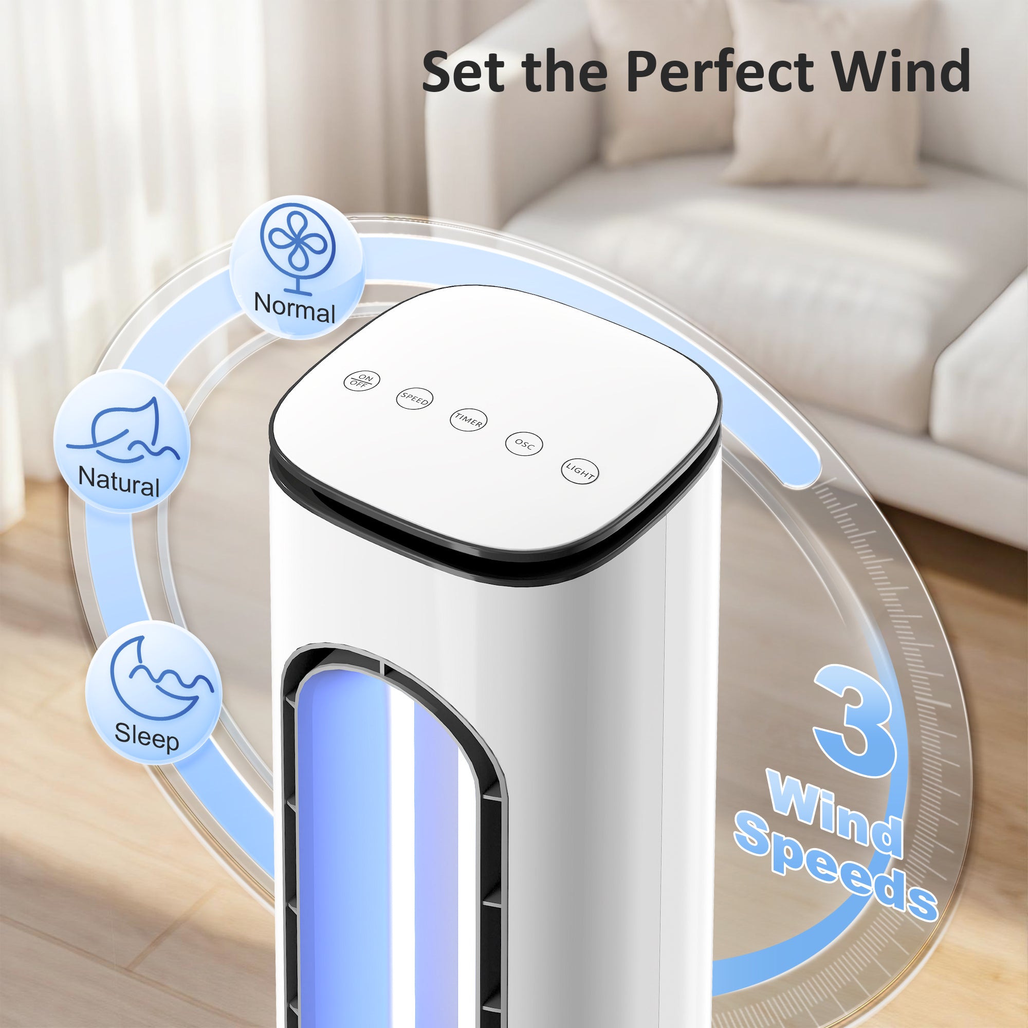 HOMCOM Bladeless Tower Fan for Bedroom, 35dB Standing Cooling Fan with Oscillating, LED Lights, 3 Speeds, 15H Timer, White 