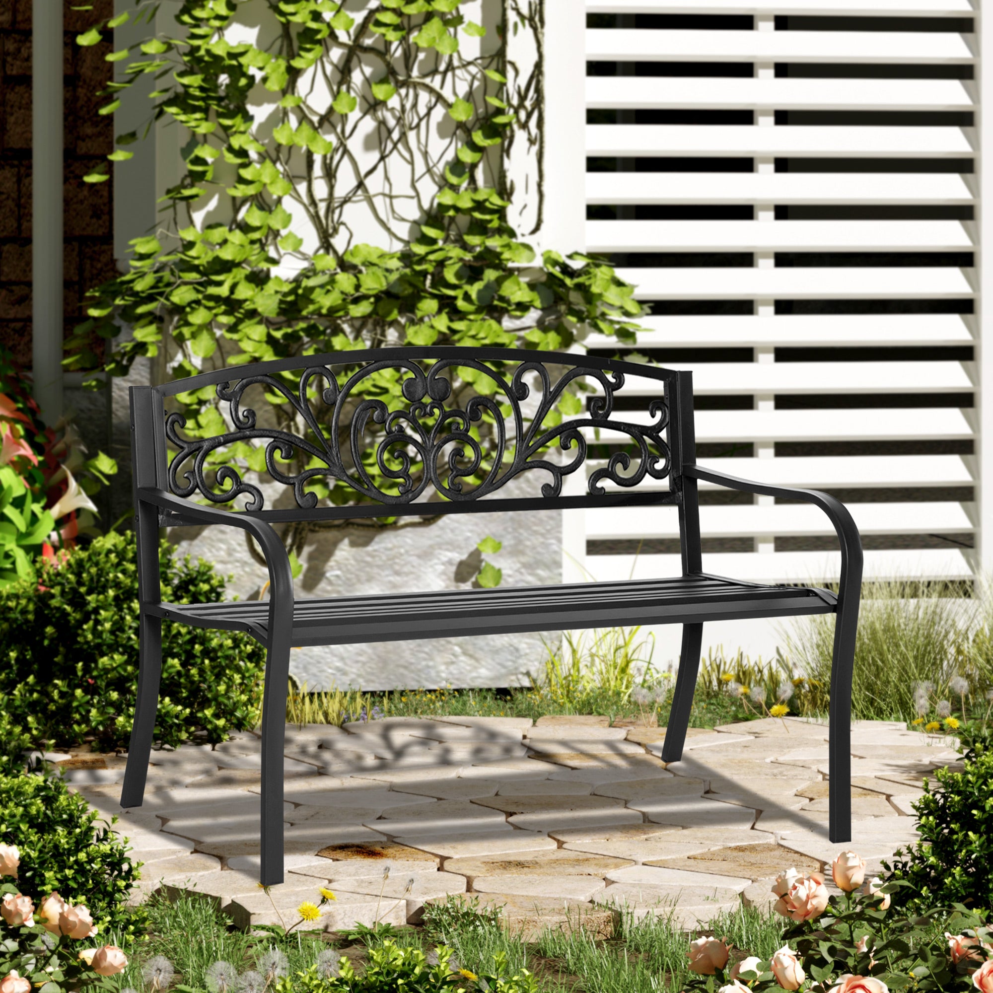 Outsunny 2-Seater Garden Bench, Steel-Black 