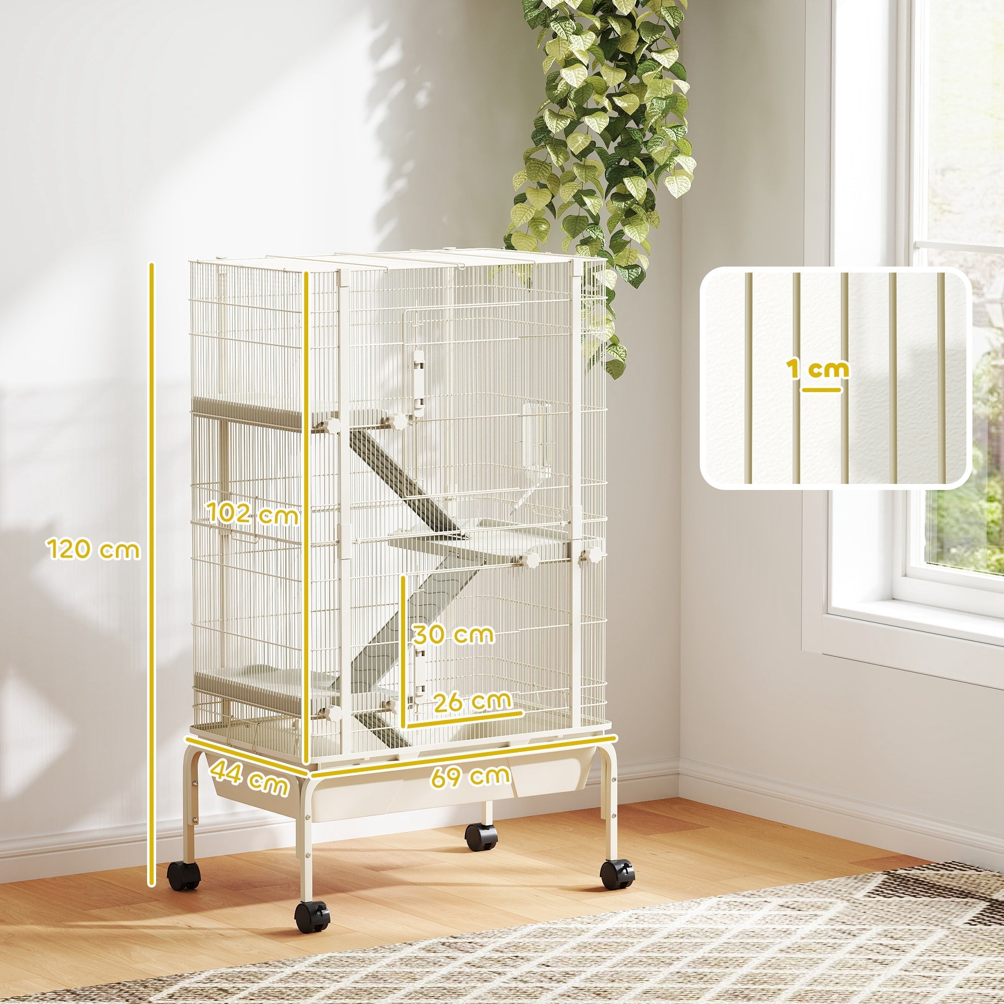 PawHut 4 Levels Rolling Small Animal Cage, Rabbit Cage with 3 Ramps, Water Bottle, Food Dish, 15cm Deep Tray, Beige 