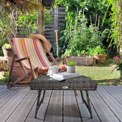 Outsunny Foldable Outdoor Coffee Table, Steel Frame Rattan Side Table, Coffee Table Side Table for Garden, Mixed Grey 