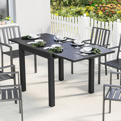 Outsunny Extending Garden Table for 4-6, Aluminium Outdoor Dining Table with Faux Wood Slatted Top, Black 