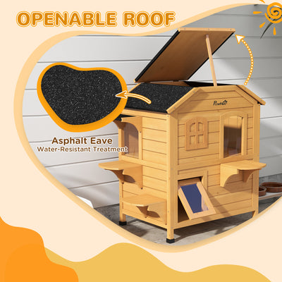 PawHut\'c2\'a02-story Cat House Outdoor, Weatherproof\'c2\'a0Wooden Cat Enclosure for Feral Cats with Escape Door, Openable Roof, Jumping Platforms, Natural Wood Finish 