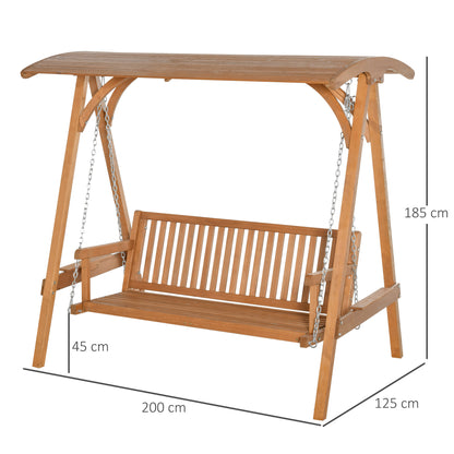 Outsunny 3 Seater Garden Swing Seat Wooden Swing Chair Hammock Bench Lounger with Canopy, Natural 