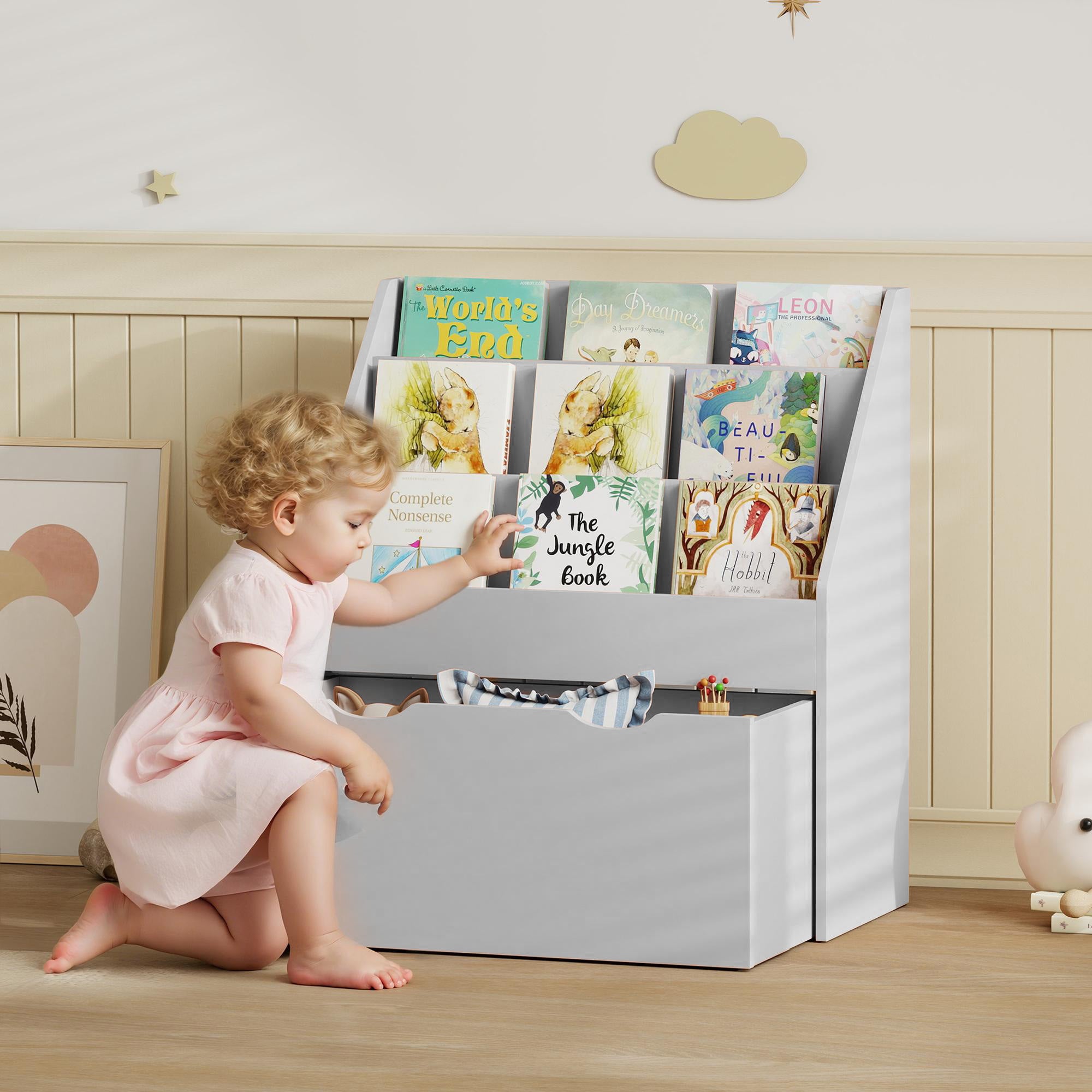AIYAPLAY Bookcase for Kids with Shelves, Drawer, Bookcase for Bedroom, Playroom, Grey 