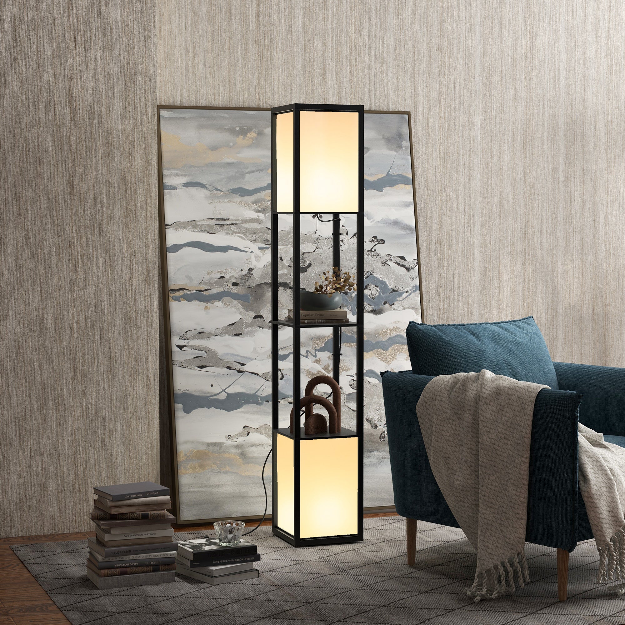 HOMCOM Modern Shelf Floor Lamp with Dual Ambient Light, Standing Lamp Living Room, Bedroom, 156cm, Black 